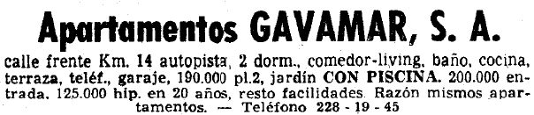 Anunci dels apartaments GAVAMAR de Gav Mar publicat al diari LA VANGUARDIA (2 de Juny de 1965)